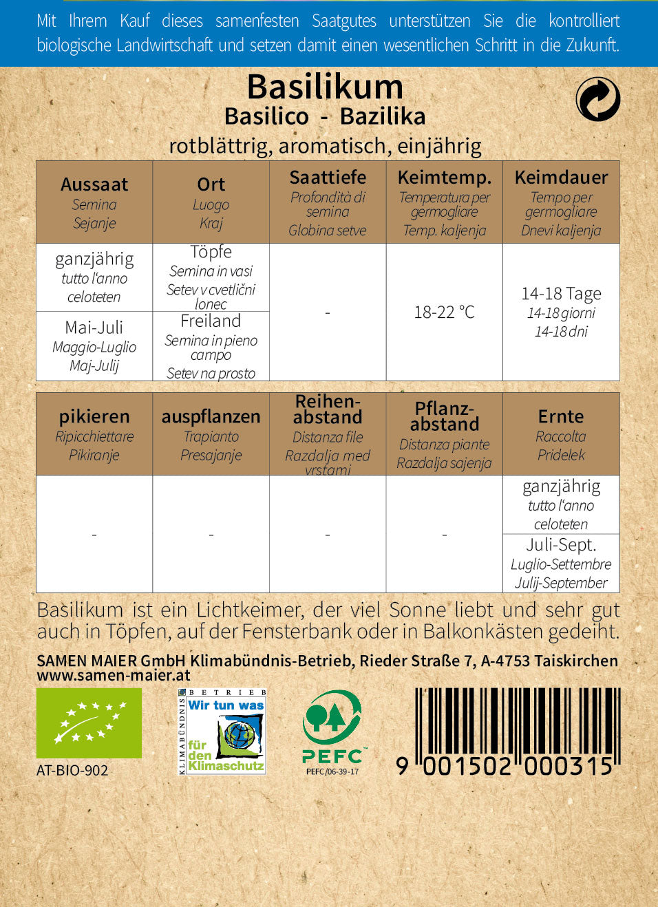BIO Basilikum Rotblättrig Einjährig