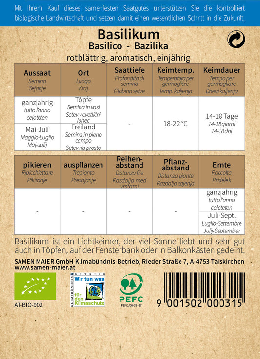 BIO Basilikum Rotblättrig Einjährig