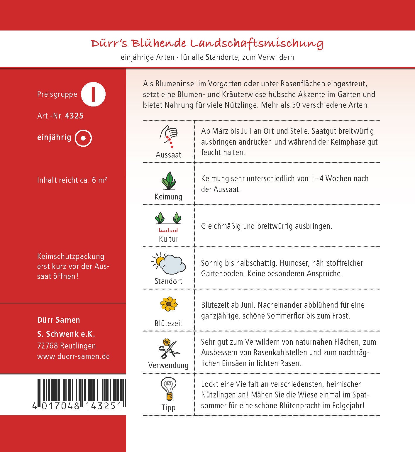  Dürr Samen's Blühende Landschaftsmischung 6m²