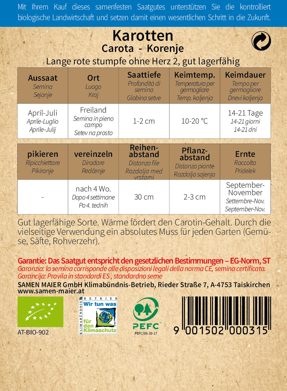  BIO Lange Rote Stumpfe O. Herz 2 Möhre