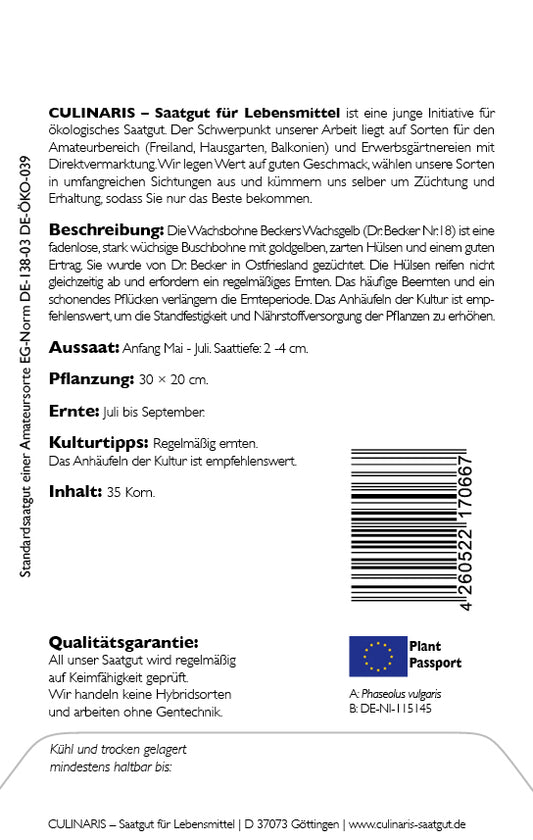  BIO Buschbohne Beckers Wachsgelb