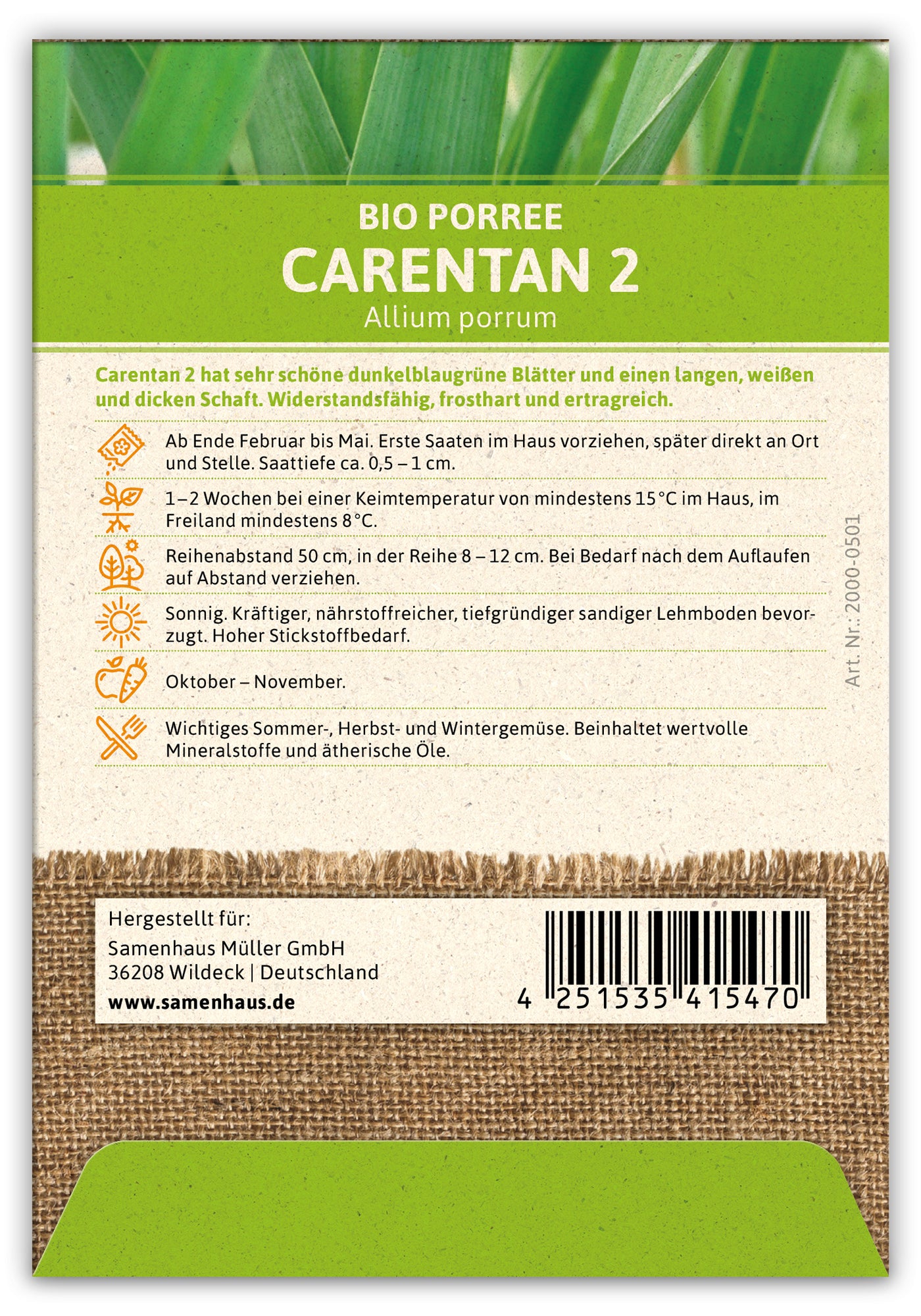  BIO Lauch-Porree Carentan 2 (100 Stück)